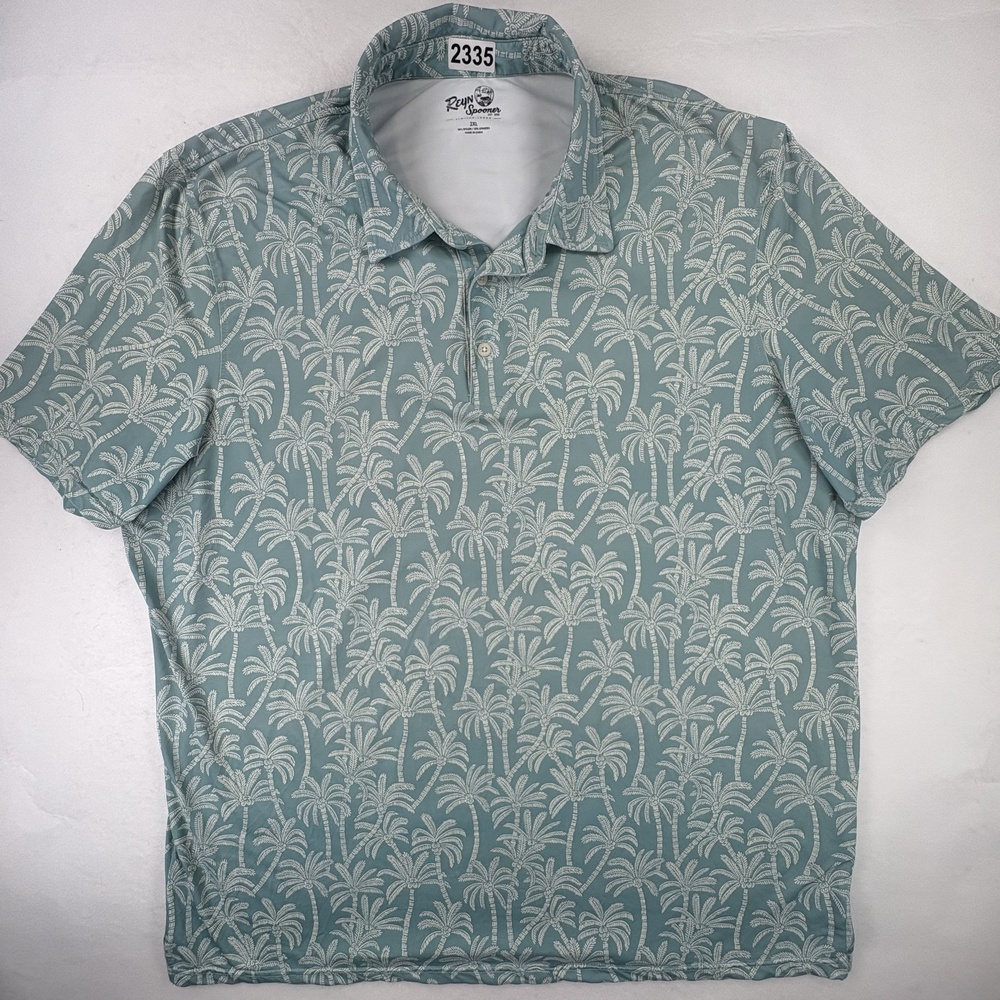 Reyn Spooner Polo Shirt Mens 2XL Green Palm Tree Print Golf Stretch Tropical